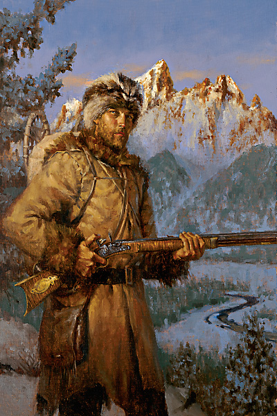 In the winter of 1807-08, on a solo journey of 500 miles, John Colter became the first European to see Jackson Hole and the Teton Mountains in what became Wyoming Territory. Colter stands here, not enthralled by the magnificent mountains, but cocking his flintlock at the hint of danger from man or beast. – Illustrated By Andy Thomas –