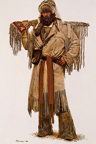 In 1825, a dozen years after Colter’s death, William Ashley hosted the first rendezvous for fur trappers, beginning a summer tradition for trappers to trade and sell furs and goods. Ready to Rendezvous by James Bama (b 1926), oil on panel. – Courtesy Tim Peterson Family Collection, Scottsdale’s Museum of the West –