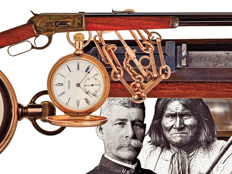 This August, 130 years ago, Capt. Henry  W. Lawton (at left), ably assisted by troops and 
ambassador Lt. Charles Gatewood, convinced Apache leader Geronimo (at right) to end his reign of terror. Lawton’s prize for capturing Geronimo broke the world record for a single firearm sold at auction. The Model 1886 Winchester was accompanied by a presentation pocket watch.
 – Courtesy Rock Island Auction Company –