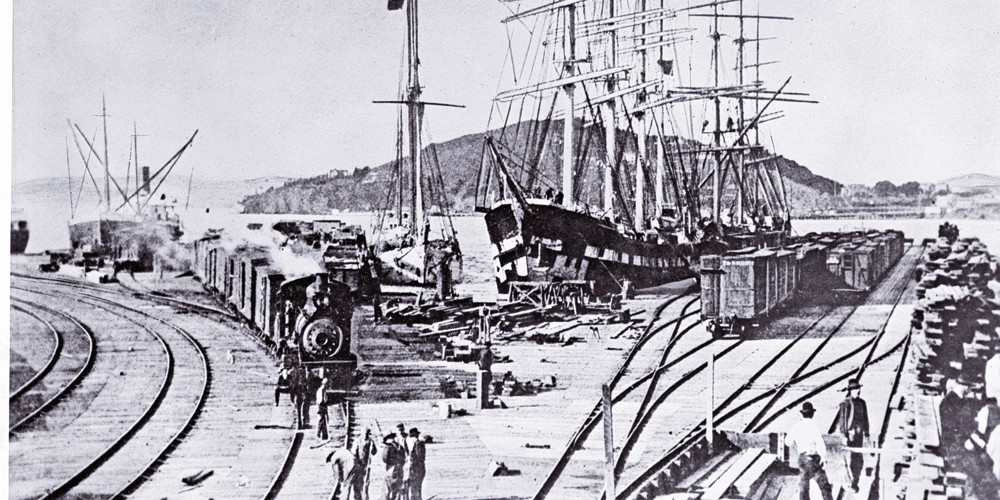 To save time and money in 1868, Central Pacific Railroad owners shifted their freight and passenger service to and from San Francisco to ferry, barge and shipping wharves in Oakland, California.
– Courtesy Library of Congress –