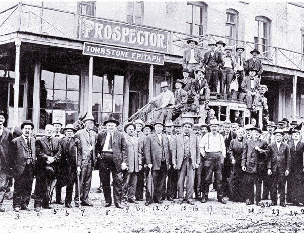 In this circa 1912 photo, Jim Young stands near the rear of the stagecoach, with 
a group of other citizens of Tombstone, Arizona. He was a local fixture in 
Cochise County, well into the 1930s.
– Courtesy Arizona Historical Society –