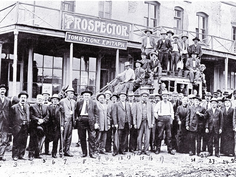 In this circa 1912 photo, Jim Young stands near the rear of the stagecoach, with 
a group of other citizens of Tombstone, Arizona. He was a local fixture in 
Cochise County, well into the 1930s.
– Courtesy Arizona Historical Society –