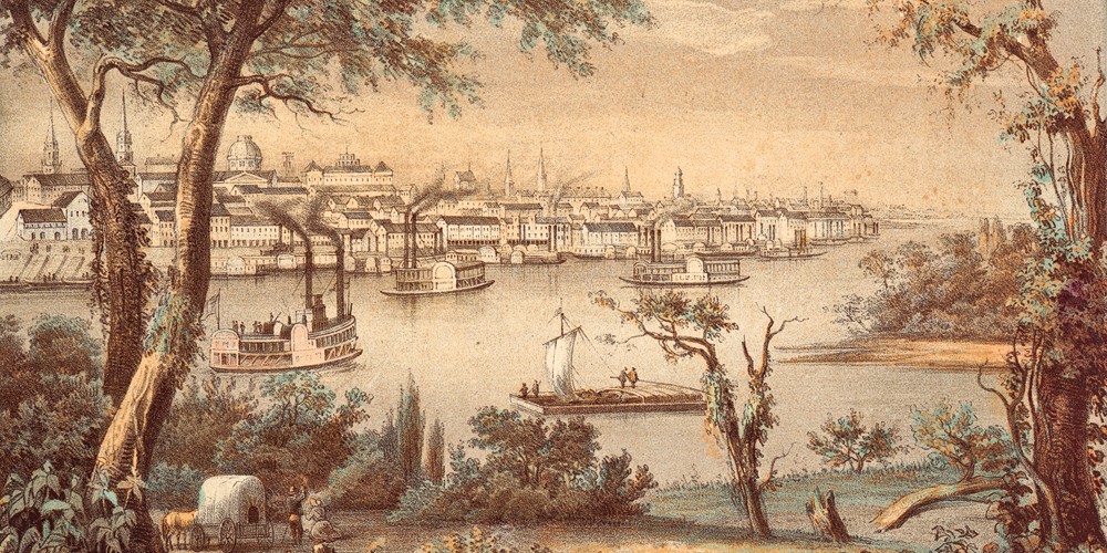 When John Jacob Astor financed the Wilson Price Hunt Party to help establish an American fur company in the Northwest in 1811, the 56-person company outfitted themselves in St. Louis, Missouri, the capital of Louisiana Territory. The growth of the U.S. fur trade would help fund the Gateway City’s expansion to become the West’s first great city. 
– Courtesy New York Public Library, artist, Henry Lewis ca. 1854 –