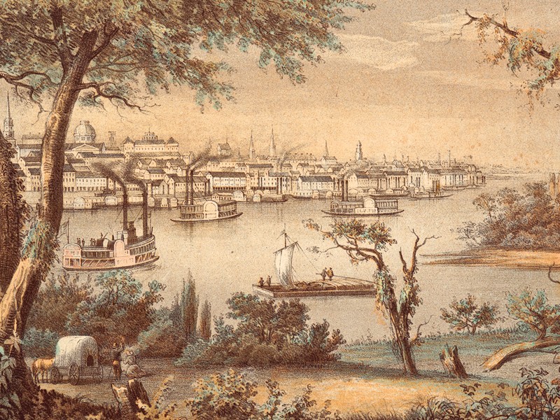 When John Jacob Astor financed the Wilson Price Hunt Party to help establish an American fur company in the Northwest in 1811, the 56-person company outfitted themselves in St. Louis, Missouri, the capital of Louisiana Territory. The growth of the U.S. fur trade would help fund the Gateway City’s expansion to become the West’s first great city. 
– Courtesy New York Public Library, artist, Henry Lewis ca. 1854 –
