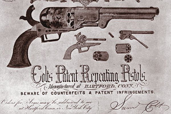 colt_advertising_early_1850s_factory_roll_engraved_scenes_percussion_revolvers_first_model_dragoon
