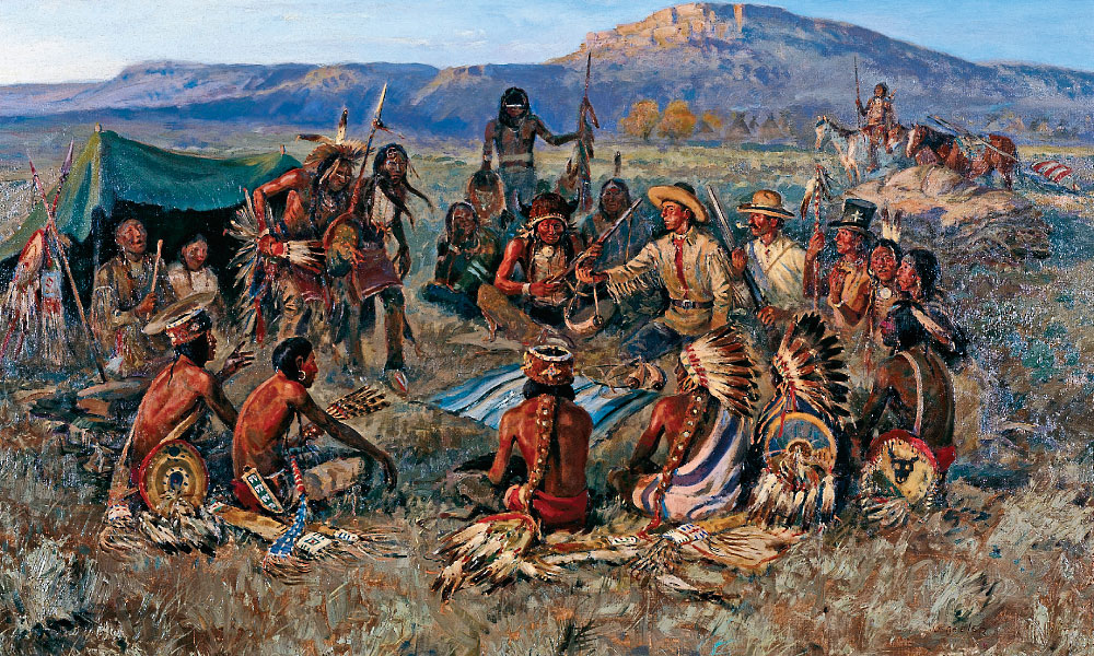 Joe Beeler’s 2000 oil on canvas, War Paint and Gunpowder, is featured in the Booth Western Art Museum’s “Blazing the Trail” exhibition. An illustrator, painter and sculptor, the CAA co-founder was an active member for four decades until his death while working cattle at his Arizona ranch in 2006. – Courtesy Booth Western Art Museum, Cartersville, Georgia, ©Joe Beeler –