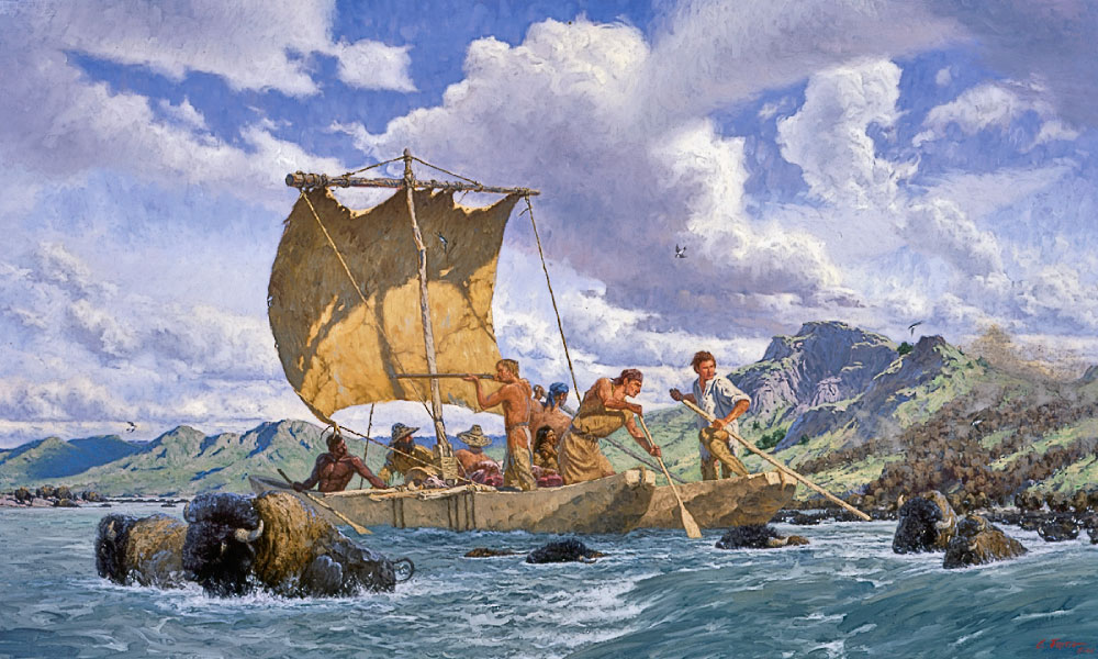 Captain William Clark’s Exploration of the River Rochejhone in the Summer of 1806 is one of 100 paintings created over a decade by Charles Fritz to illustrate the travels of Meriwether Lewis and William Clark’s Corps of Discovery. – Courtesy The Peterson Collection, Western Spirit: Scottsdale’s Museum of the West, Scottsdale, Arizona –