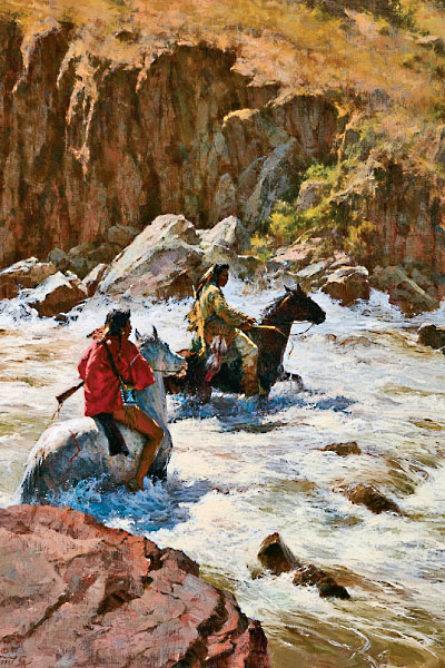 Howard Terpning’s 1996 oil Bad Medicine Crossing portrays two Crows pushing through a dangerous rocky riverbed where they could perish and leave their unrestful spirits, “bad medicine,” behind; $550,000.