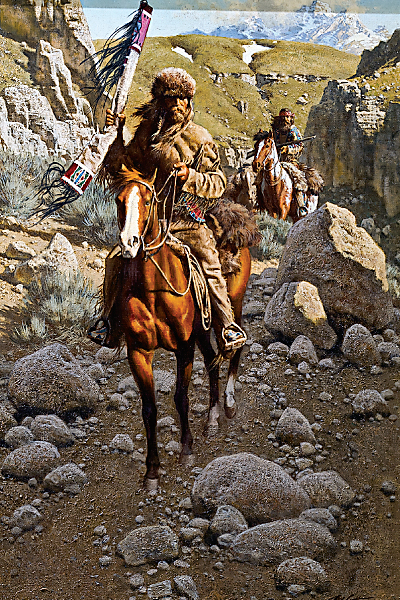 John Colter crossed the Continental Divide, at either Union Pass or Togwotee Pass, in 1807, when he explored the region that was dubbed “Colter’s Hell” and became Yellowstone National Park. Crossing the Divide by Frank McCarthy (1924-2002), oil on canvas. – Courtesy Tim Peterson Family Collection, Scottsdale’s Museum of the West –