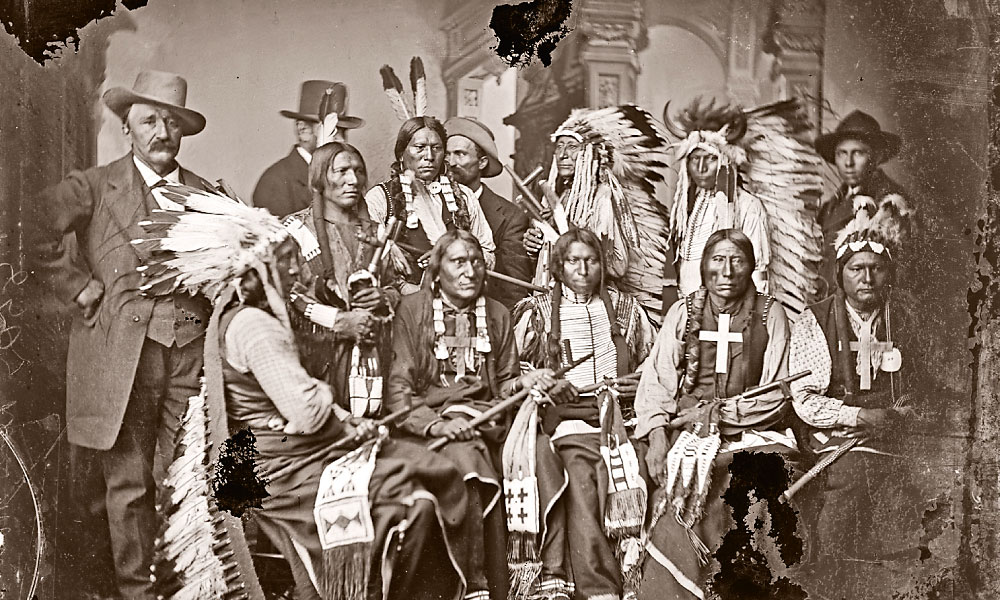 On an Indian delegation trip to Washington, D.C. in 1870, Sioux and Arapahoe Indian leaders sat for their portrait by Matthew Brady: Left to right seated - Red Cloud, Big Road, Yellow Bear, Young Man Afraid of his Horses, Iron Crow; left to right standing - Little Bigman, Little Wound, Three Bears, He Dog. – Courtesy Library of Congress –