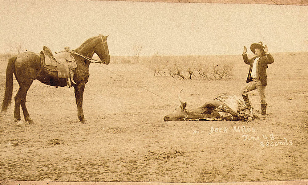 World Champion Steer Roper Texas dubbed Jack Miles a world champion steer roper, and a photograph captured of him after roping a steer in 48 seconds sold as the top-selling historical cowboy photo lot for a $5,000 bid. It was part of a lot of seven cabinet cards by San Angelo’s pioneer photographer McArthur Cullen Ragsdale. – Courtesy Heritage Auctions, March 14, 2015 –
