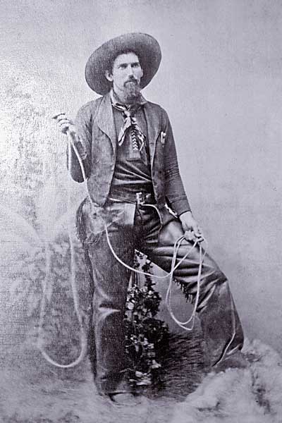 67 Cowboy Star’s Shotgun Chaps America’s first cowboy star, Buck Taylor (below), wears shotgun chaps, so called because the legs are straight like the barrels of a shotgun. Each leg was cut from a single piece of leather and, due to their snug fit around the leg, shotgun chaps did not flap around the way batwing chaps, cut with wide flares at the bottom, did. Shotgun chaps were in wide use among Texas cowboys by the late 1870s. 
