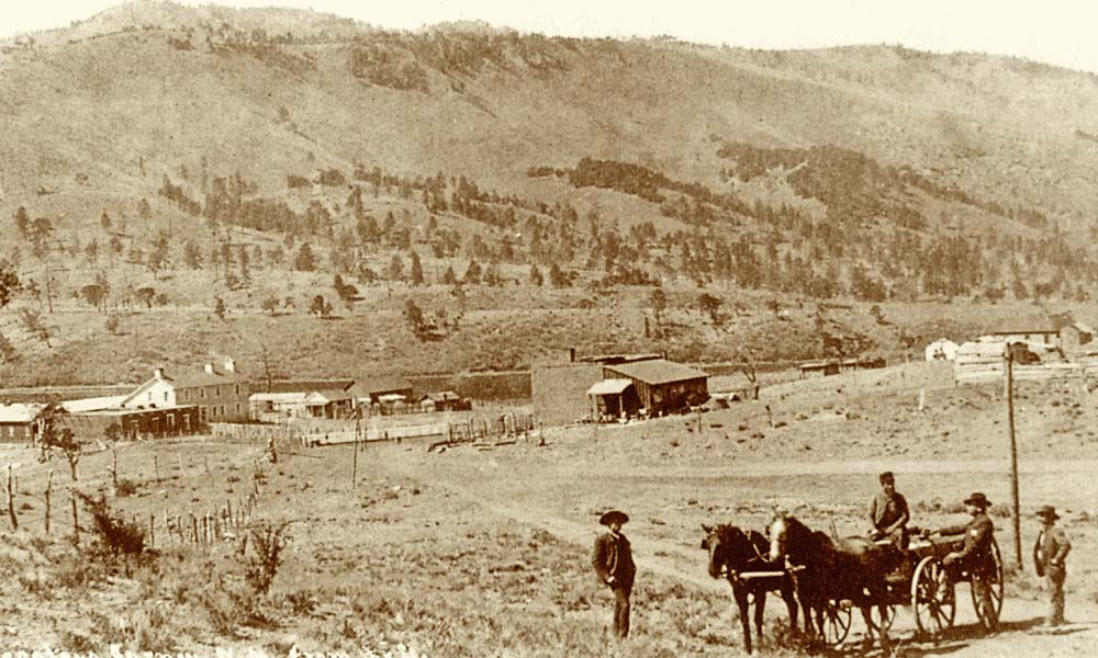 The Apache Agency at Mescalero as it appeared in the 1880s. The fight took place in the middle distance. One of the reasons for the fight is that the Apaches were not getting enough rations, and, in desperation, were given permission to hunt for game. It was perhaps a hunting party that ran into the Regulators on the trail. The Apaches had been targets for horse stealing for a long time, with Chisum and his men stealing horses (in retaliation for Apaches stealing their remuda), along with Jesse Evans and the Boys and others. It is a distinct possibility the Regulators were in the neighborhood to steal horses and the hunting party subsequently confronted them. When the Kid lost his horse, he also lost his saddle and tack, and even perhaps his trusty Winchester. In that time and place, the rig was as important as the horse and to replace both was not easy to do—and it was expensive. Thus, the Kid and his crew turned to even more horse stealing in order to buy new tack and weapons. – Courtesy Museum of New Mexico –