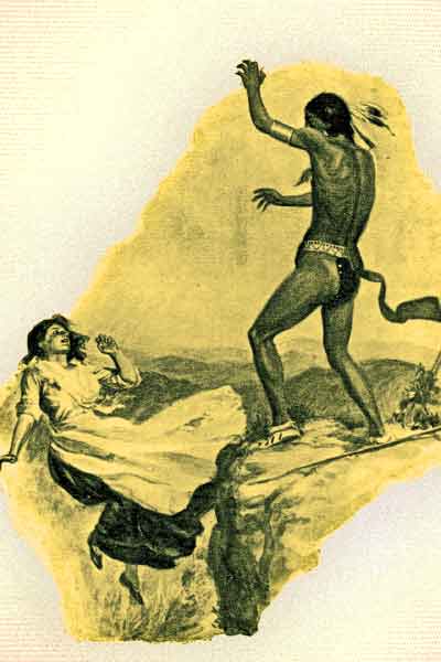 Depiction of Larcena being thrown over a cliff by the Apaches