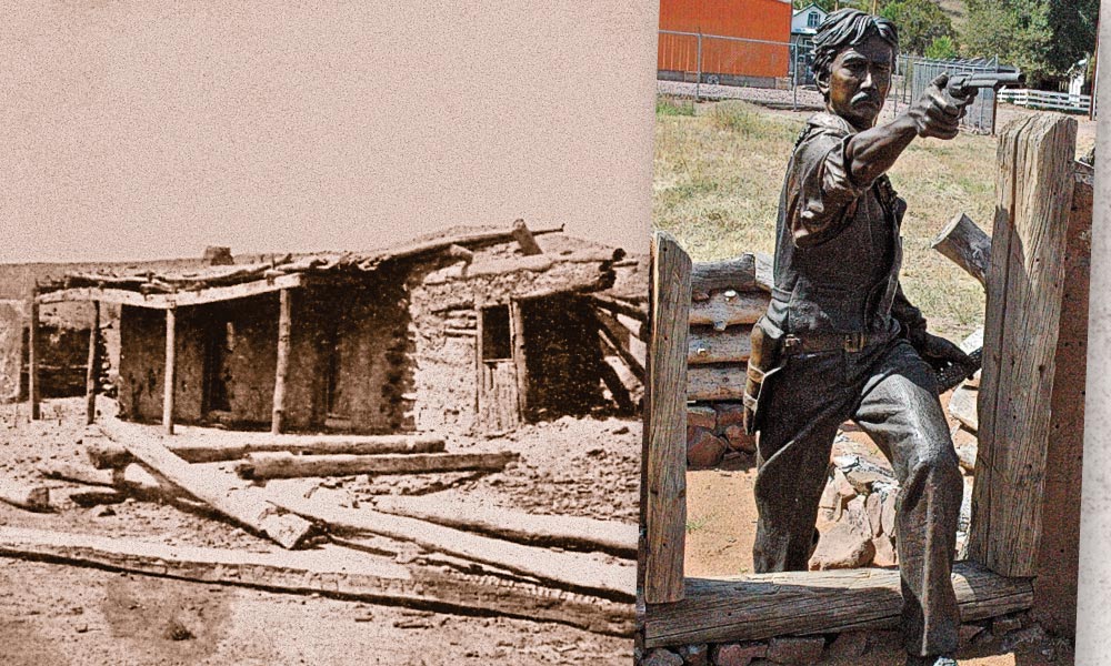 The legend of the brave young deputy sheriff from Socorro is preserved in Reserve, New Mexico’s life-sized monument titled Elfego Baca—One Man, One War (inset). James Muir’s allegorical sculpture dramatically recreates the 19-year-old lawman’s courageous standoff of 80 Texas cowboys in a local adobe-wood jacal (above). – Courtesy New Mexico Tourism Dept./True West Archives – 