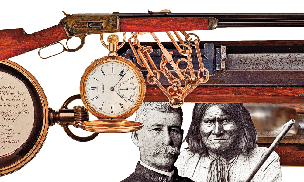 This August, 130 years ago, Capt. Henry W. Lawton (at left), ably assisted by troops and ambassador Lt. Charles Gatewood, convinced Apache leader Geronimo (at right) to end his reign of terror. Lawton’s prize for capturing Geronimo broke the world record for a single firearm sold at auction. The Model 1886 Winchester was accompanied by a presentation pocket watch. – Courtesy Rock Island Auction Company –