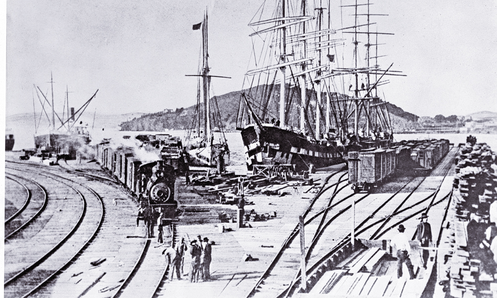 To save time and money in 1868, Central Pacific Railroad owners shifted their freight and passenger service to and from San Francisco to ferry, barge and shipping wharves in Oakland, California. – Courtesy Library of Congress –