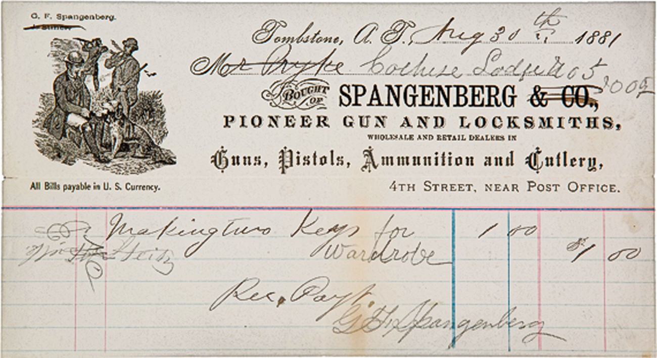 The afternoon of the gunfight on October 26, 1881, the McLaurys and Clantons purchased their ammunition at George Spangenberg’s gun shop. The Tombstone gun dealer signed this receipt two months prior, on August 30; $1,000.