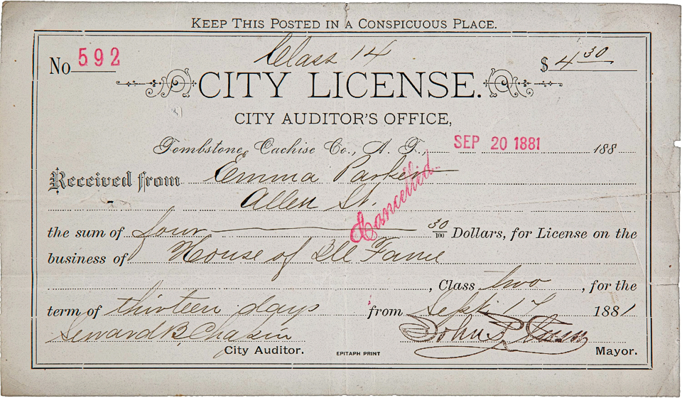 Earp signatures are rare, which explains why this city license was the auction’s top-selling lot that had ties to the famous Tombstone gunfight. Virgil Earp (right) signed the back of the brothel license for Madam Emma Parker, issued about a month before the O.K. Corral gunfight, on September 14, 1881, and denied for lack of payment six days later; $9,500. - All auction images courtesy Heritage Auctions -
