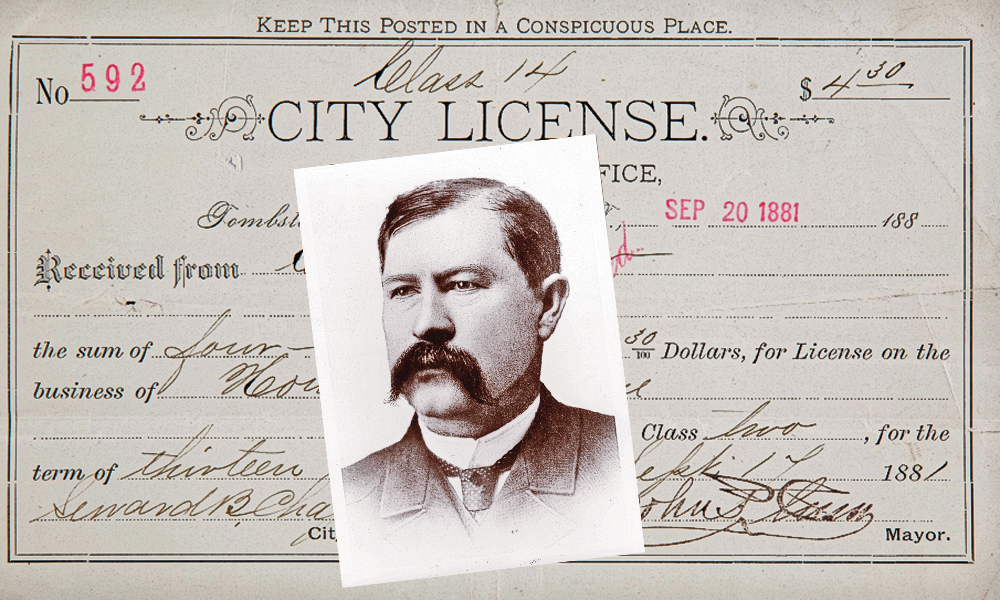 Earp signatures are rare, which explains why this city license was the auction’s top-selling lot that had ties to the famous Tombstone gunfight. Virgil Earp (right) signed the back of the brothel license for Madam Emma Parker, issued about a month before the O.K. Corral gunfight, on September 14, 1881, and denied for lack of payment six days later; $9,500. - Courtesy Heritage Auctions -