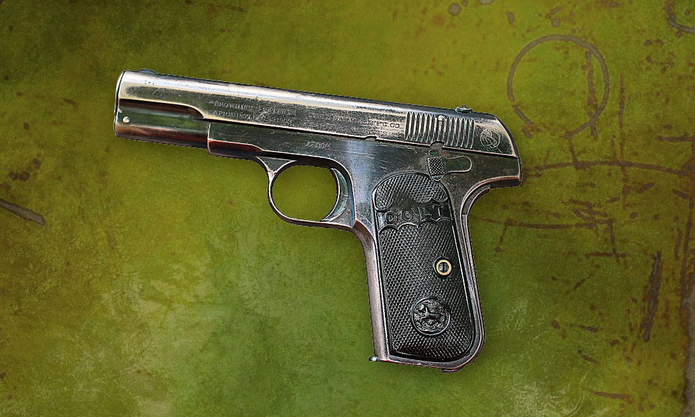 As with other Colt automatics to date, the 1903 Hammerless was a John M. Browning design, with a Dec. 22, 1903, patented improvement which covered the concealed hammer. Early ‘03s, like this circa 1905 example, had 4-inch barrels. Starting wi th ser. no. 72,000, guns had 33⁄4-inch barrels. – Phil Spangenberger collection –
