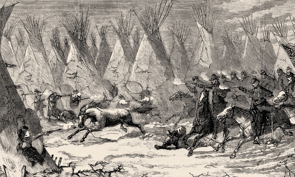 Samuel J. Crawford (above) organized the 19th Kansas Volunteer Cavalry to respond to Indian depravations that escalated in 1868. The volunteers hoped to engage in combat with tribes, like the 7th Cavalry did, shown charging into Black Kettle’s village at daylight on November 27 in this Harper’s Weekly illustration published on December 19. They instead learned another way to win a war. – Illustration Courtesy Library of Congress; ALL OTHER PHOTOS TRUE WEST ARCHIVES –