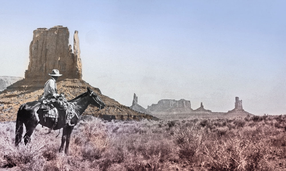 The famous purple sage of Western lore is made more dramatic by the red sandstone spires that dot Monument Valley, where Zane Grey rides below. His lyrical descriptions of this majestic site remind one of an Ed Mell painting, for example, Red Rock Cloud Drift (inset), which is why Arizona Opera chose to partner with the artist to present the visuals for its grand interpretation of Zane’s Riders of the Purple Sage novel. – All Zane Grey photos courtesy Zane Grey’s West Society, the Harold B. Lee Special Collections Library at Brigham Young University and Zane Grey Inc.; All illustrations by Ed Mell –