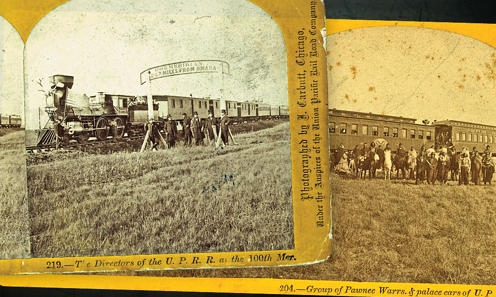 In October 1866, Union Pacific Railroad President Thomas C. Durant organized a special excursion to take more than 200 dignitaries from New York City to celebrate the transcontinental railroad’s progress across Nebraska Territory. He had a special gateway built at the 100th Meridian, where hired Pawnee Indians entertained his guests, one of whom was future president Rutherford B. Hayes. – John Carbutt, Courtesy Library of Congress – 