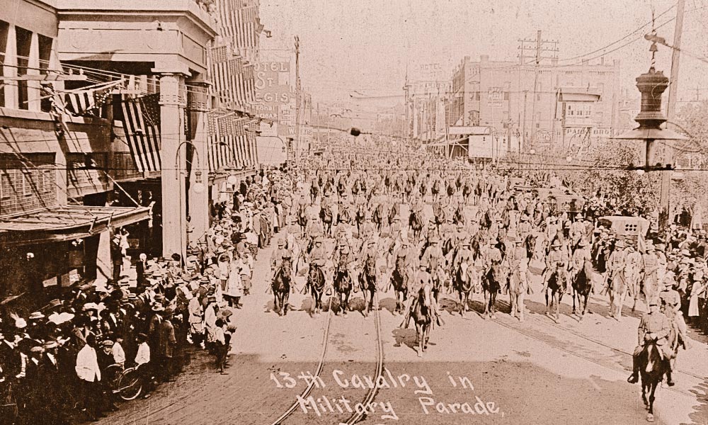 El Paso’s martial heritage spans centuries and continues with the presence of Fort Bliss, a former frontier army post-turned-modern garrison. Troopers from the 13th U.S. Cavalry, shown parading through the downtown in early 1900s, were among the many units stationed in the area. – Courtesy Yale Collection of Western Americana, Beinecke Rare Book and Manuscript Library –